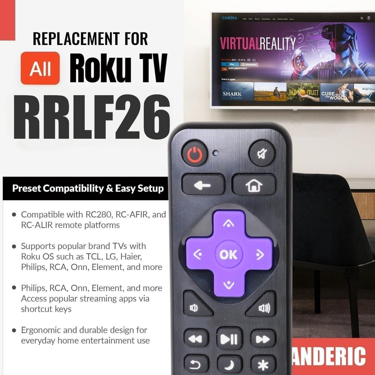 Anderic RRLF26 (No Programming Needed) Replacement Remote Control for most Roku TVs such as ONN, Hisense, Philips, TCL, Hiro