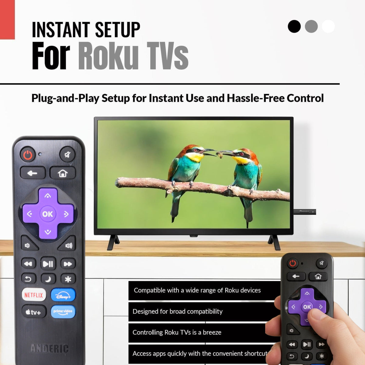 Anderic RRLF26 (No Programming Needed) Replacement Remote Control for most Roku TVs such as ONN, Hisense, Philips, TCL, Hiro